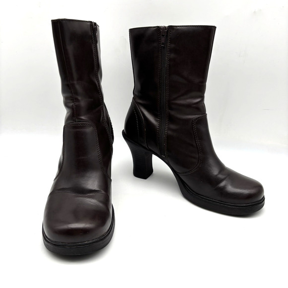 Vintage 00s Y2K Mudd 'CHARLOT' Brown Faux Leather Block Heel Mid Calf Boots 9M - Picture 2 of 16